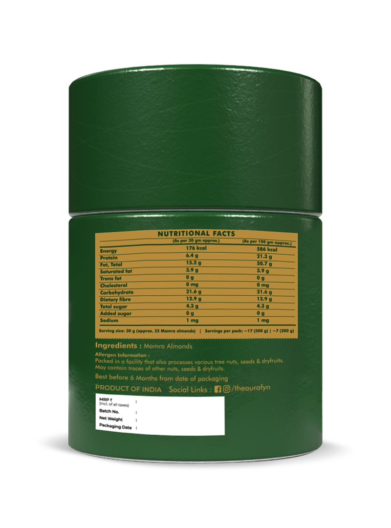 Aurafyn Mamra almonds — ingredients and nutritional information