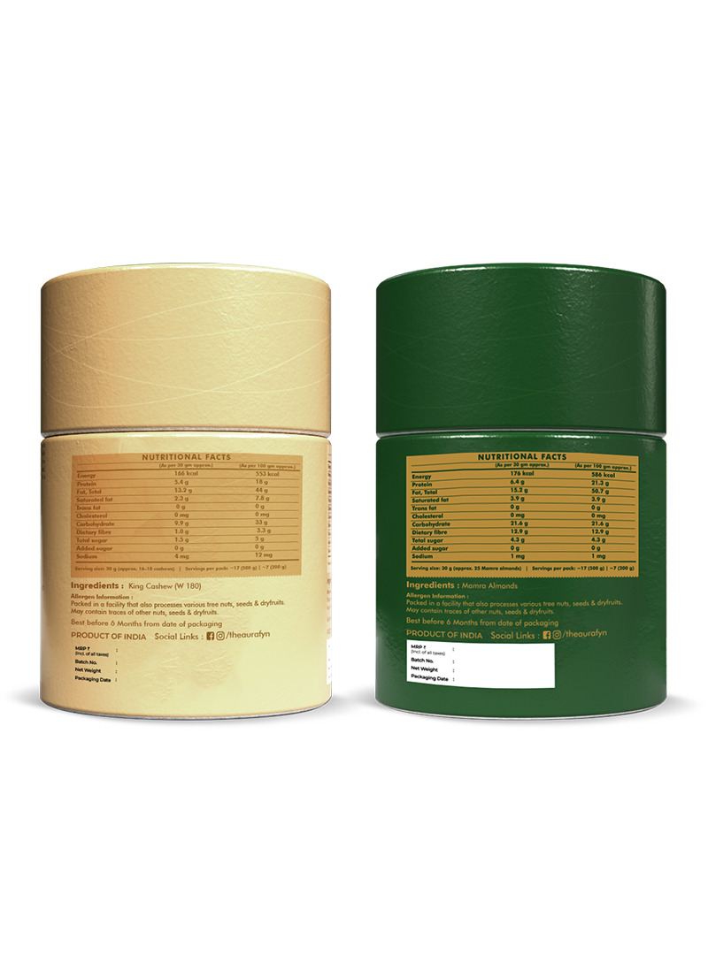 Aurafyn almond and cashew bundle, ingredients and nutritional information