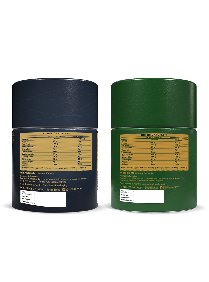 Aurafyn almond and walnut bundle, ingredients and nutritional information