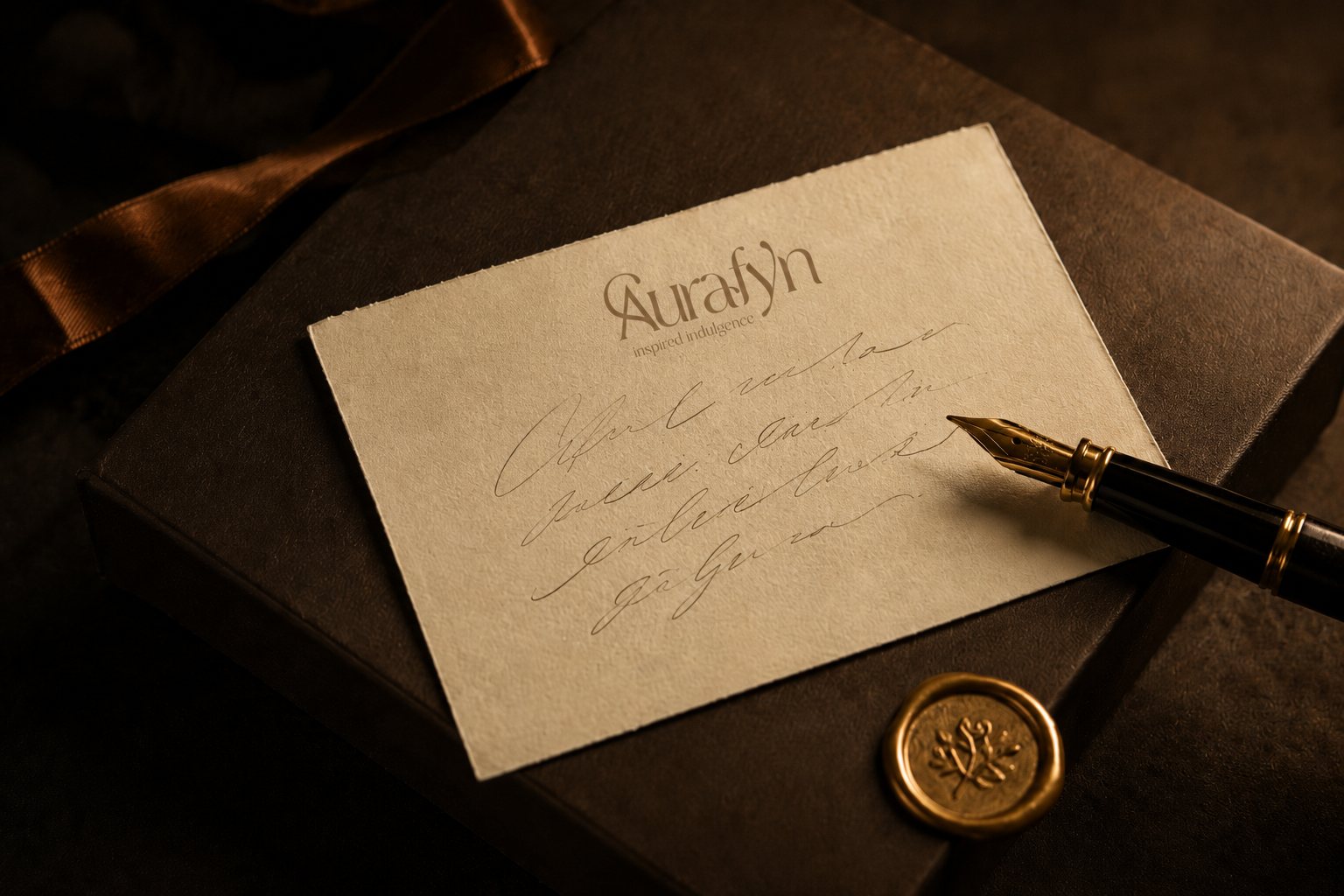 An Aurafyn card, written by hand, with a fountain pen and gold wax seal